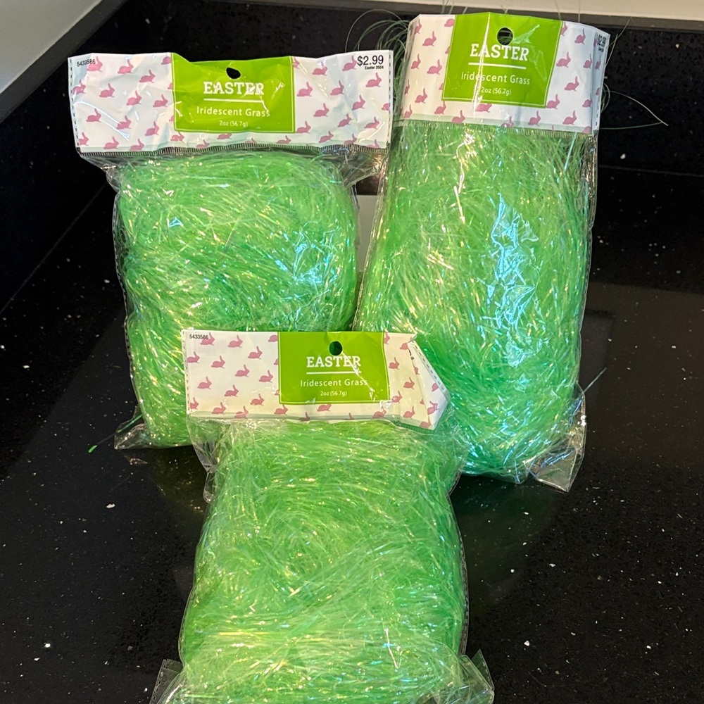 3 Bags Easter Basket Green Iridescent Grass Spring Summer Farmhouse Shabby Chic